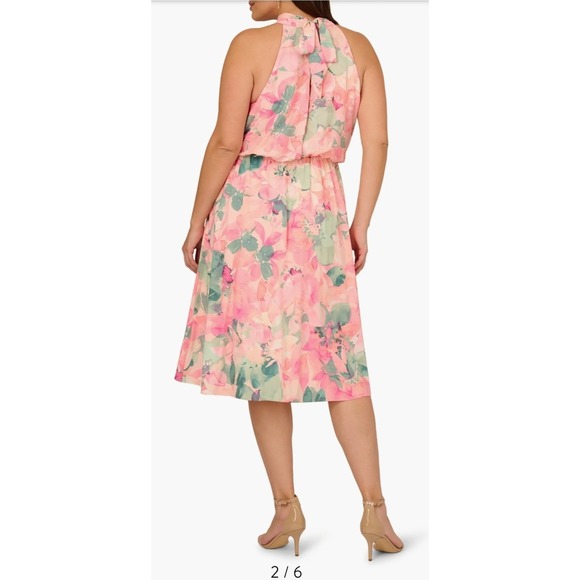 Adrianna Papell Pink Floral Halter Knee Length Chiffon Dress Sleeveless Tie - Picture 2 of 6
